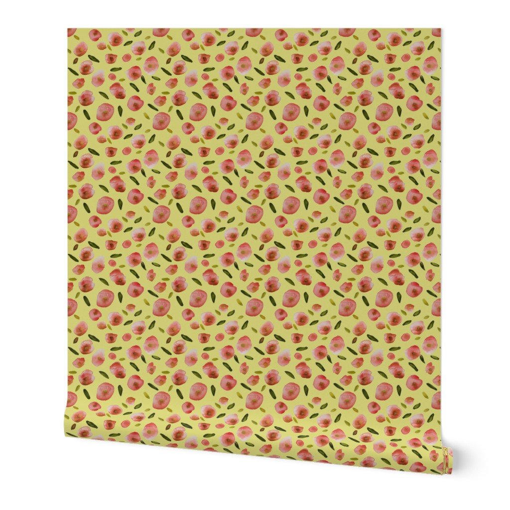 Poppies Hand-Painted Watercolors in Rose Pink on Citron Yellow Wallpaper Poppies Hand-Painted Watercolors in Rose Pink on Citron Yellow Wallpaper