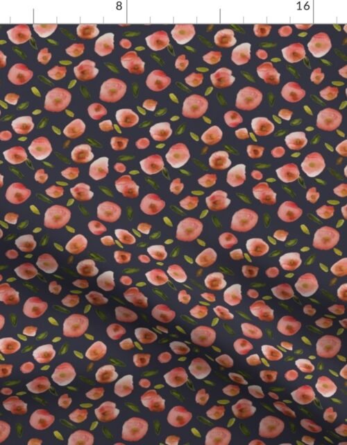 Poppies Hand-Painted Watercolors in Rose Pink on Charcoal Grey Fabric