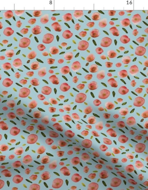 Poppies Hand-Painted Watercolors in Rose Pink on Sky Blue Fabric
