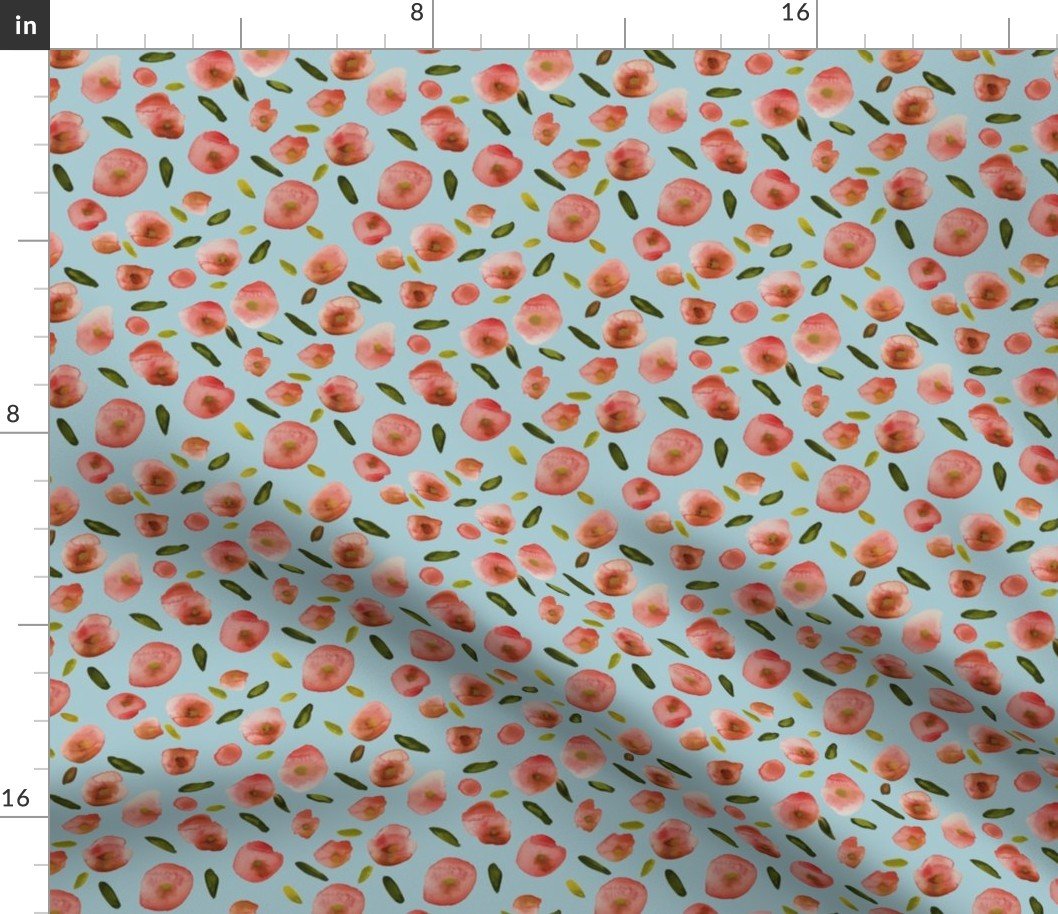 Poppies Hand-Painted Watercolors in Rose Pink on Sky Blue Fabric Poppies Hand-Painted Watercolors in Rose Pink on Sky Blue Fabric