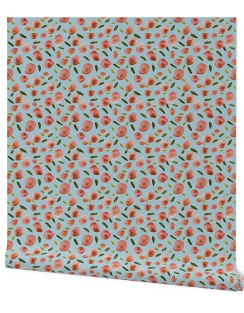 Poppies Hand-Painted Watercolors in Rose Pink on Sky Blue Wallpaper
