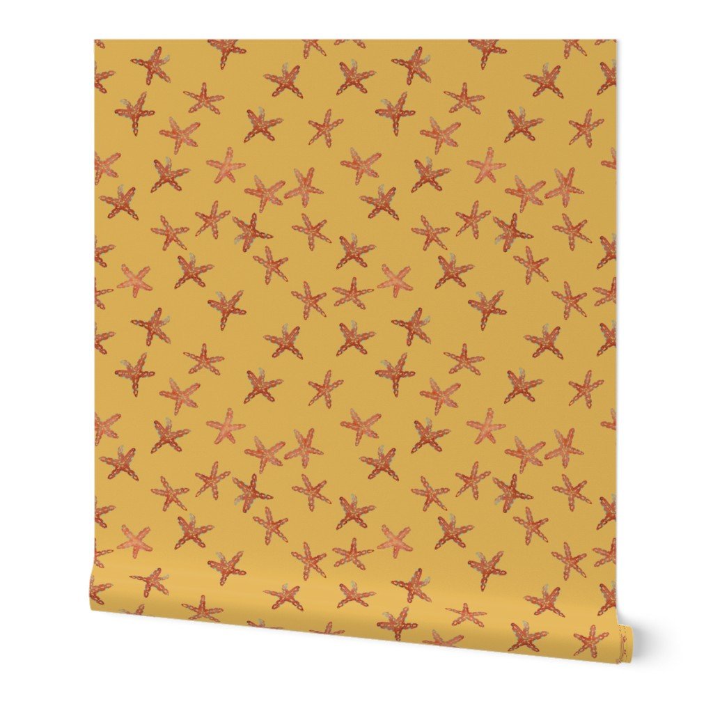Aqua, Coral and Gold Starfish Hand-Painted Watercolor on Gold Wallpaper
