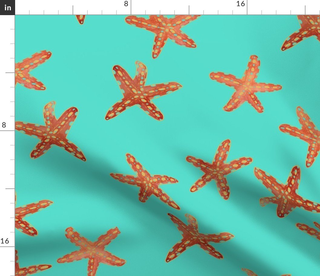 Aqua, Coral and Gold Starfish Hand-Painted Watercolor on Aqua Fabric