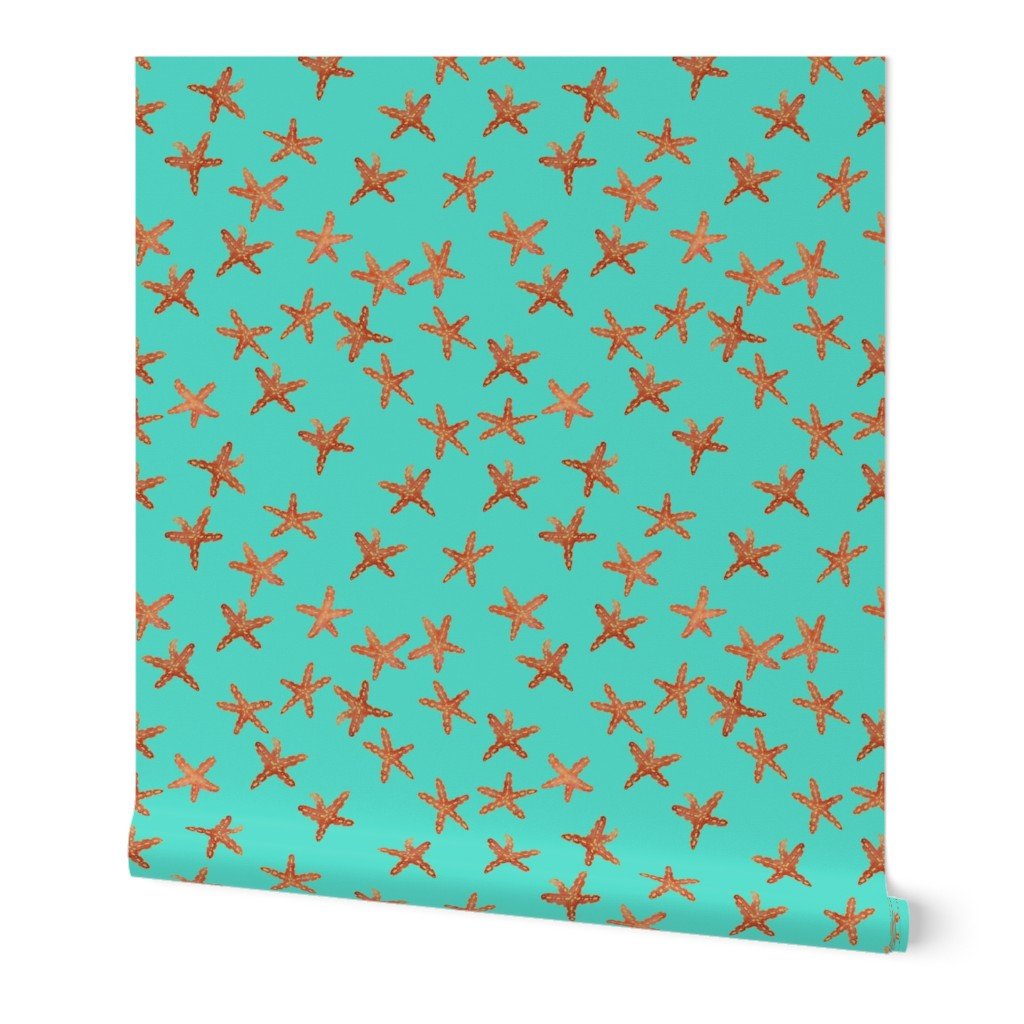 Aqua, Coral and Gold Starfish Hand-Painted Watercolor on Aqua Wallpaper