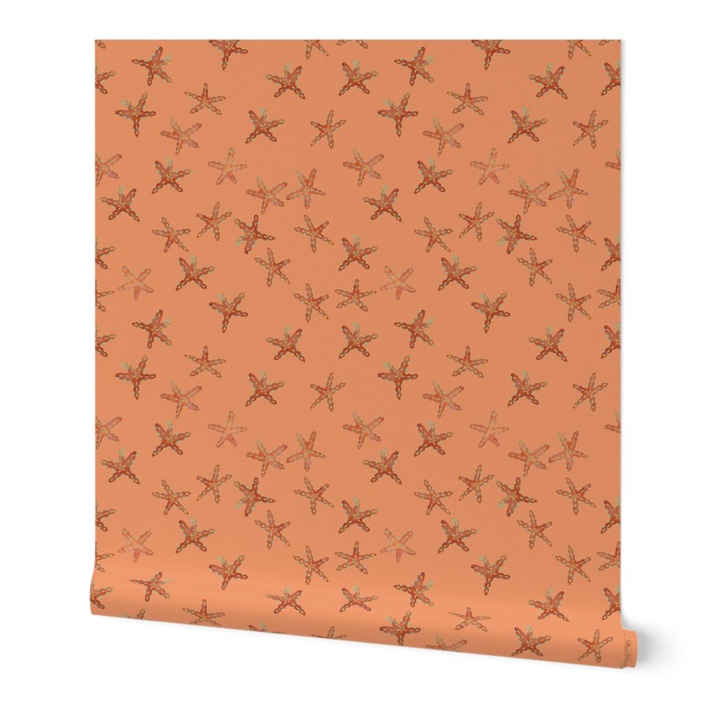 Aqua, Coral and Gold Starfish Hand-Painted Watercolor on Coral Wallpaper