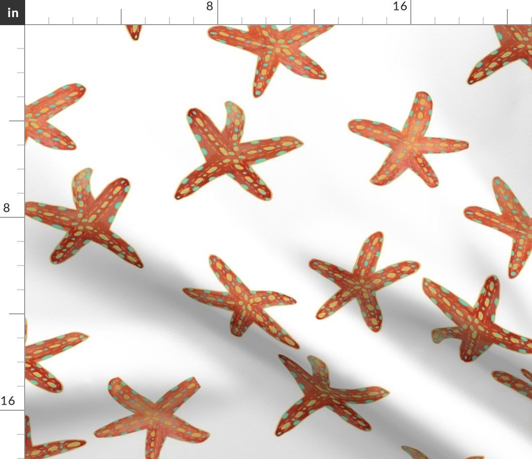 Aqua, Coral and Gold Starfish Hand-Painted Watercolor Fabric Aqua, Coral and Gold Starfish Hand-Painted Watercolor Fabric