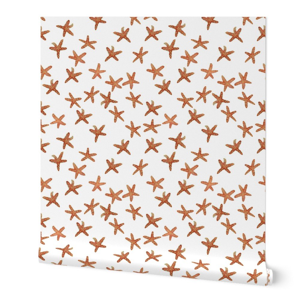 Aqua, Coral and Gold Starfish Hand-Painted Watercolor Wallpaper Aqua, Coral and Gold Starfish Hand-Painted Watercolor Wallpaper