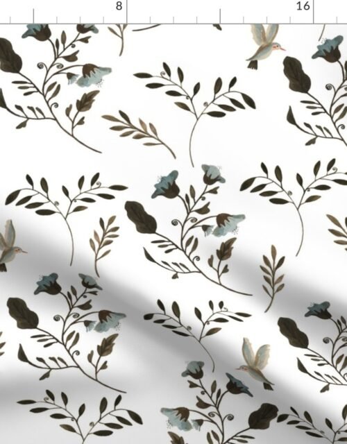 Bluebells and Bluebirds on Natural White Fabric