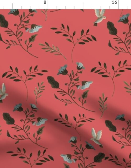 Handpainted Bluebells and Bluebirds on Rose Pink Fabric