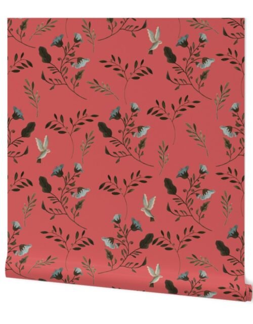 Handpainted Bluebells and Bluebirds on Rose Pink Wallpaper