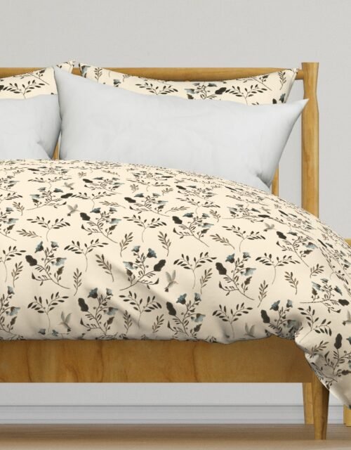 Blue Bluebells and Bluebirds Floral Pattern Cream Duvet Cover