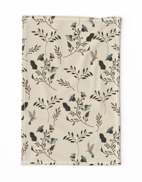 Blue Bluebells and Bluebirds Floral Pattern Cream Tea Towel