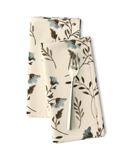 Blue Bluebells and Bluebirds Floral Pattern Cream Dinner Napkins