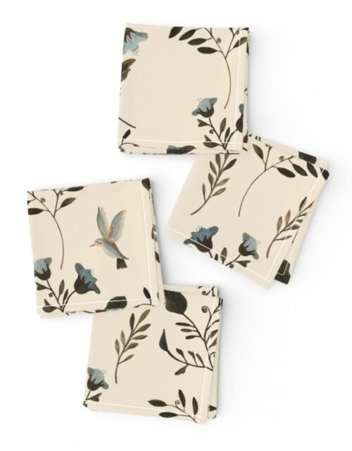 Blue Bluebells and Bluebirds Floral Pattern Cream Cocktail Napkins