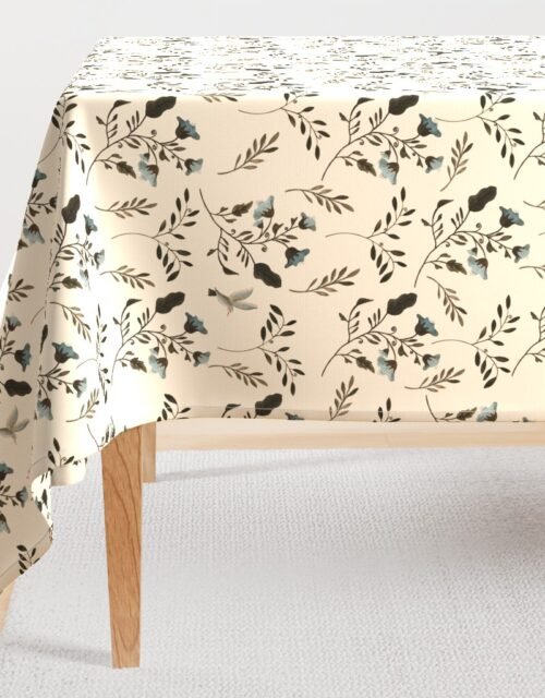 Blue Bluebells and Bluebirds Floral Pattern Cream Rectangular Tablecloth