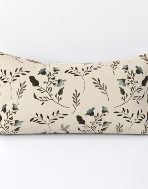 Blue Bluebells and Bluebirds Floral Pattern Cream Lumbar Throw Pillow