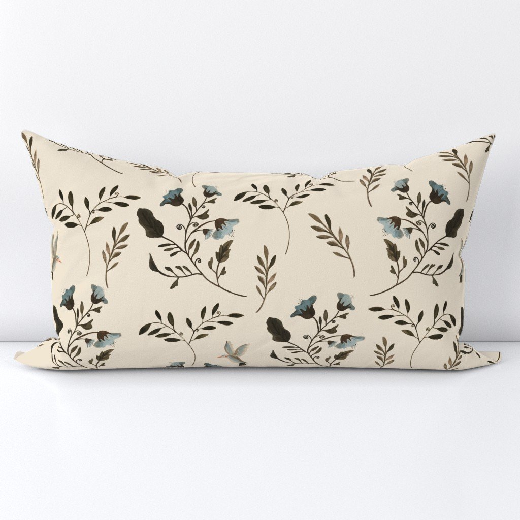 Blue Bluebells and Bluebirds Floral Pattern Cream Lumbar Throw Pillow Blue Bluebells and Bluebirds Floral Pattern Cream Lumbar Throw Pillow