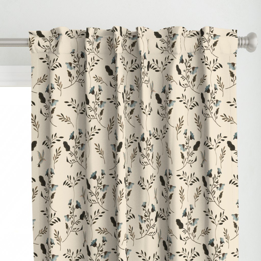 Blue Bluebells and Bluebirds Floral Pattern Cream Curtains Blue Bluebells and Bluebirds Floral Pattern Cream Curtains