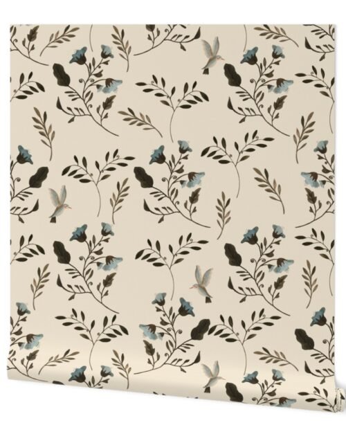 Blue Bluebells and Bluebirds Floral Pattern Cream Wallpaper