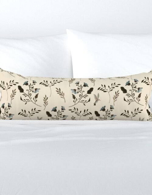 Blue Bluebells and Bluebirds Floral Pattern Cream Extra Long Lumbar Pillow