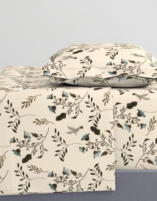 Blue Bluebells and Bluebirds Floral Pattern Cream Sheet Set