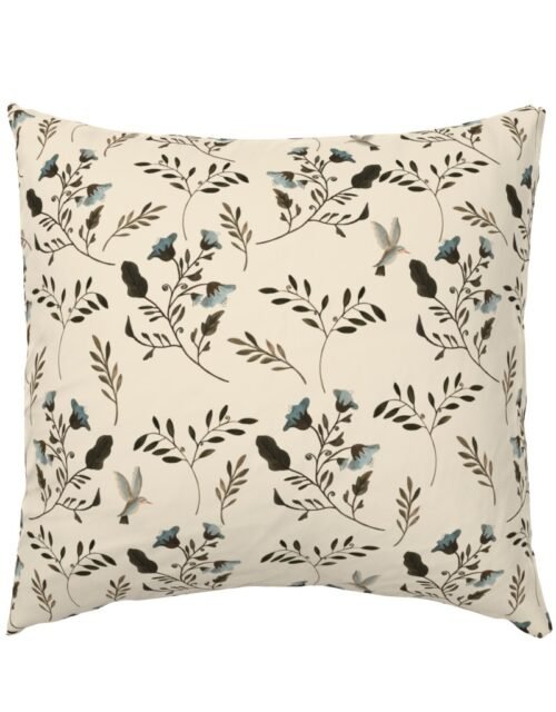 Blue Bluebells and Bluebirds Floral Pattern Cream Euro Pillow Sham