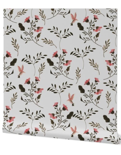 Hand-painted Rose Blossoms and Hummingbirds on Grey Wallpaper