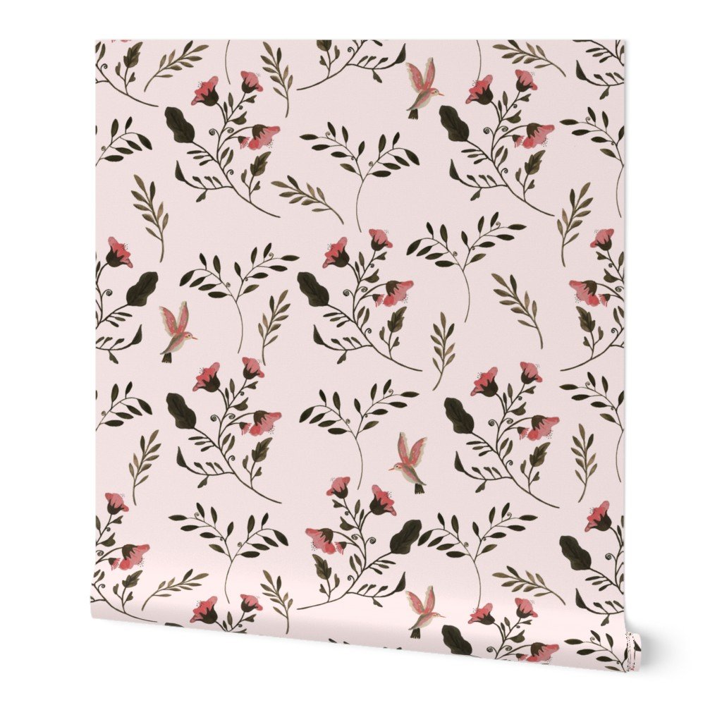 Hand-painted Rose Blossoms and Hummingbirds on Pale Pink Wallpaper Hand-painted Rose Blossoms and Hummingbirds on Pale Pink Wallpaper