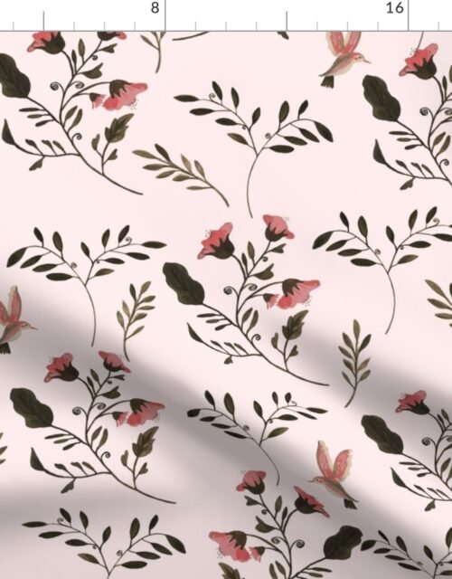 Hand-painted Rose Blossoms and Hummingbirds on Pale Pink Fabric
