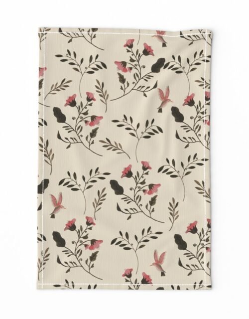 Hand-painted Rose Blossoms and Hummingbirds on Cream Tea Towel
