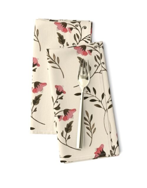 Hand-painted Rose Blossoms and Hummingbirds on Cream Dinner Napkins