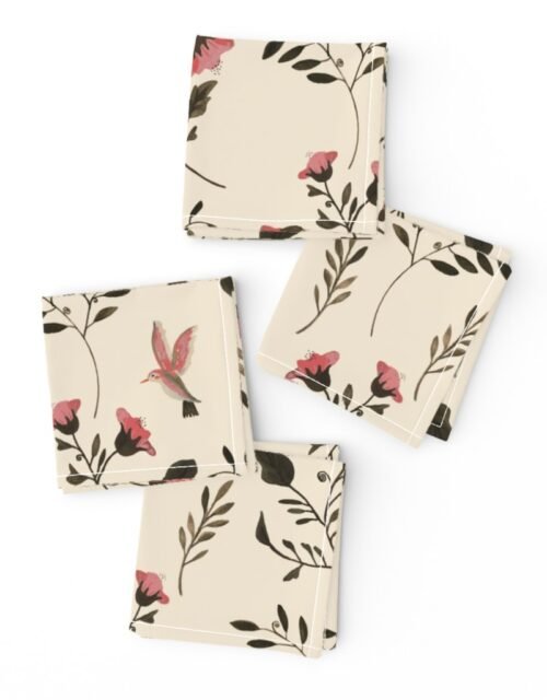 Hand-painted Rose Blossoms and Hummingbirds on Cream Cocktail Napkins