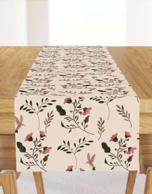 Hand-painted Rose Blossoms and Hummingbirds on Cream Table Runner