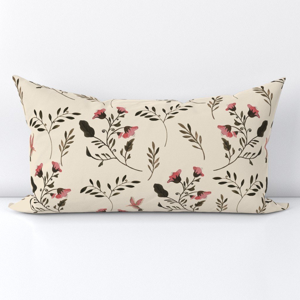 Hand-painted Rose Blossoms and Hummingbirds on Cream Lumbar Throw Pillow Hand-painted Rose Blossoms and Hummingbirds on Cream Lumbar Throw Pillow