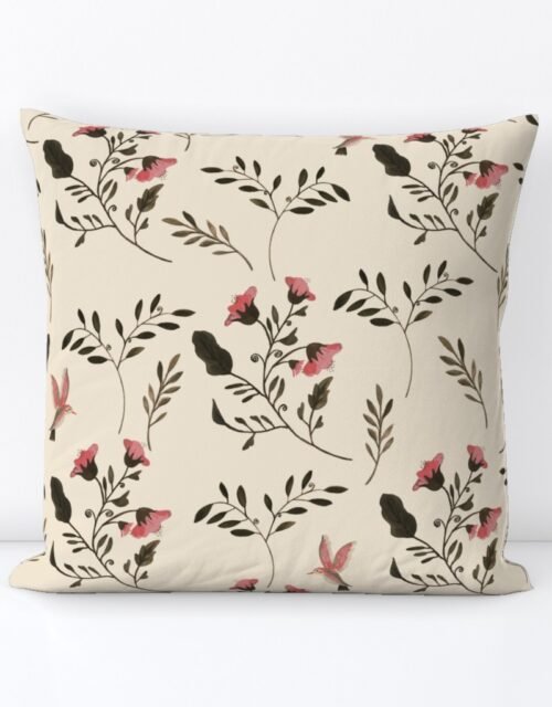 Hand-painted Rose Blossoms and Hummingbirds on Cream Square Throw Pillow