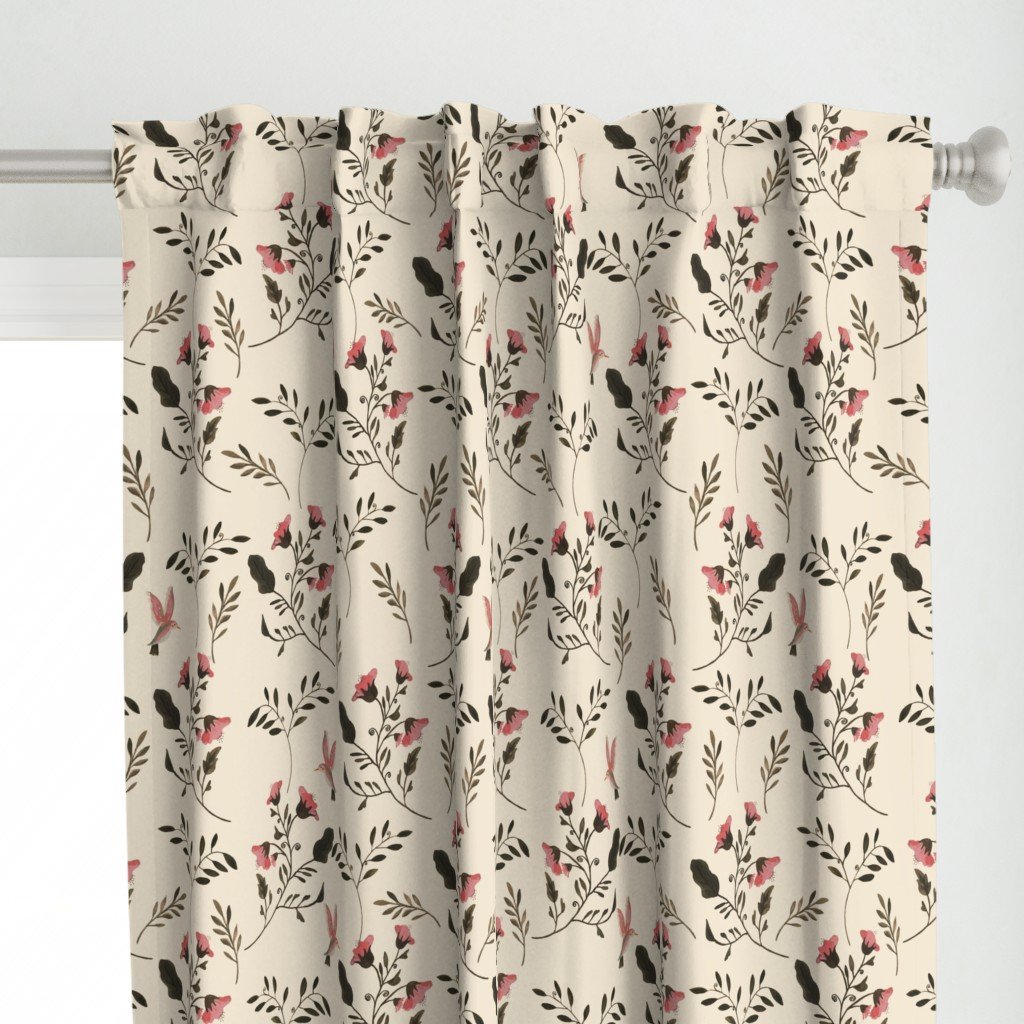Hand-painted Rose Blossoms and Hummingbirds on Cream Curtains Hand-painted Rose Blossoms and Hummingbirds on Cream Curtains
