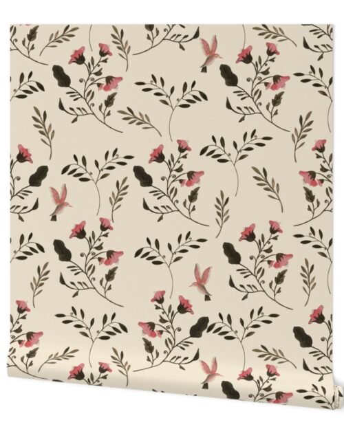 Hand-painted Rose Blossoms and Hummingbirds on Cream Wallpaper