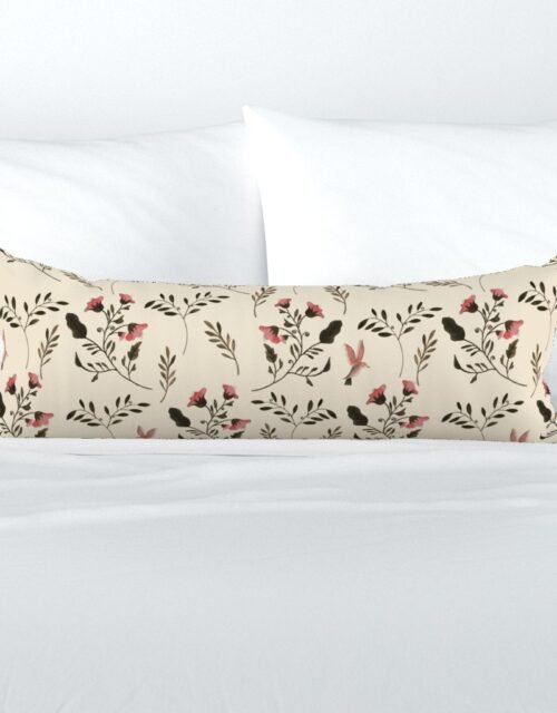 Hand-painted Rose Blossoms and Hummingbirds on Cream Extra Long Lumbar Pillow