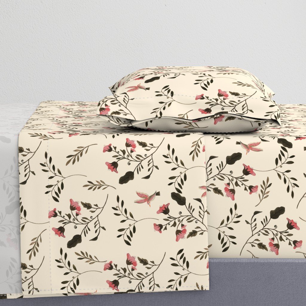 Hand-painted Rose Blossoms and Hummingbirds on Cream Sheet Set Hand-painted Rose Blossoms and Hummingbirds on Cream Sheet Set
