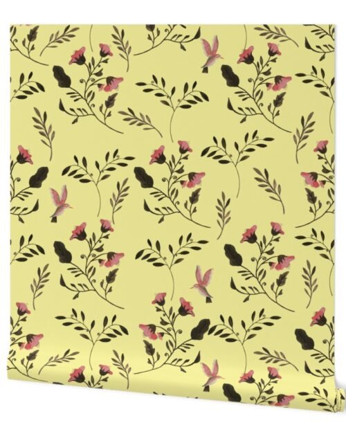 Hand-painted Rose Flowers  and Hummingbirds on Butter Yellow Wallpaper