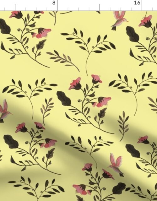 Hand-painted Rose Flowers  and Hummingbirds on Butter Yellow Fabric
