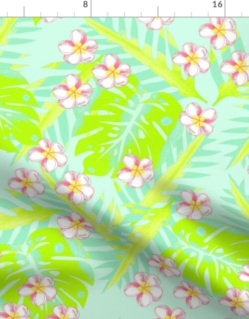 Sky Blue  and Acid Green Plumeria Fabric
