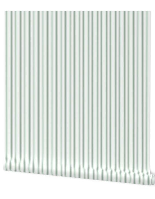 Mattress Ticking Narrow Striped Pattern in Moss Green and White Wallpaper