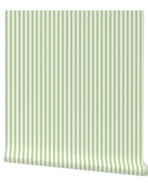Greenery and White Mattress Ticking Stripes Wallpaper
