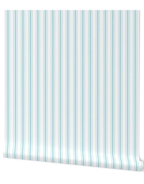 Pale Sky Blue and White Striped Mattress Ticking Wallpaper