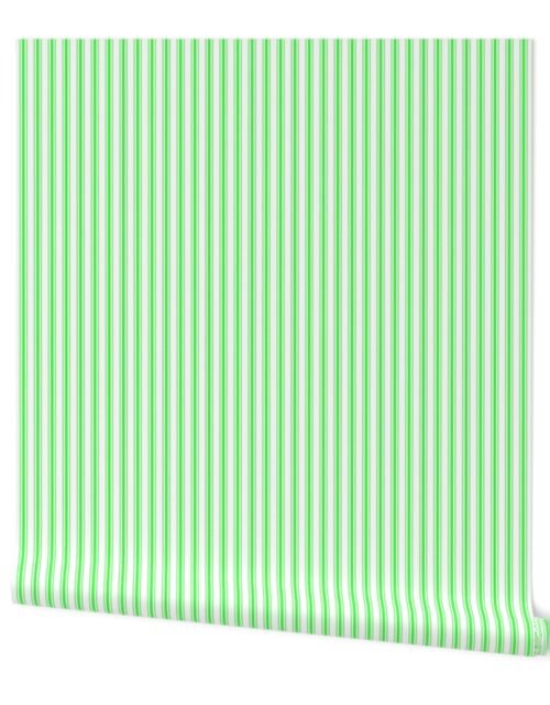 Mattress Ticking Narrow Striped Pattern in Neon Green and White Wallpaper