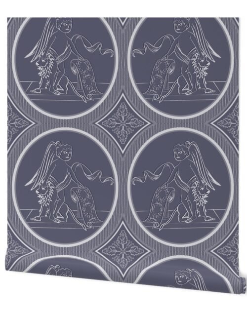 Grisaille Blue Grey Neo-Classical Ovals Wallpaper