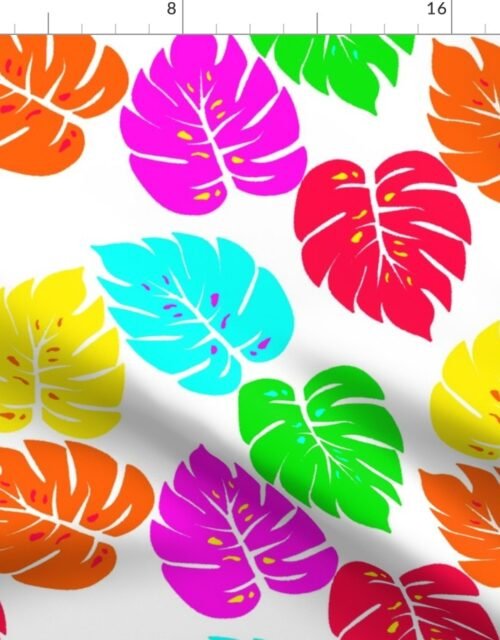 Neon Hawaiian Rainbow Monstera Leaves on White Fabric