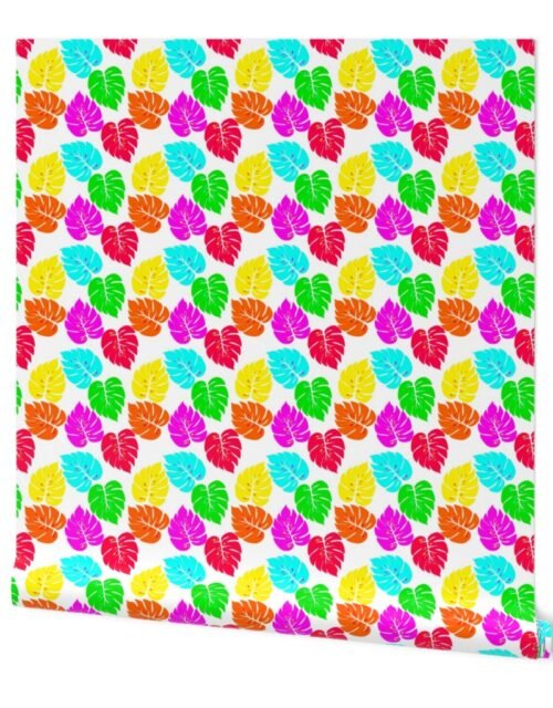 Neon Hawaiian Rainbow Monstera Leaves on White Wallpaper