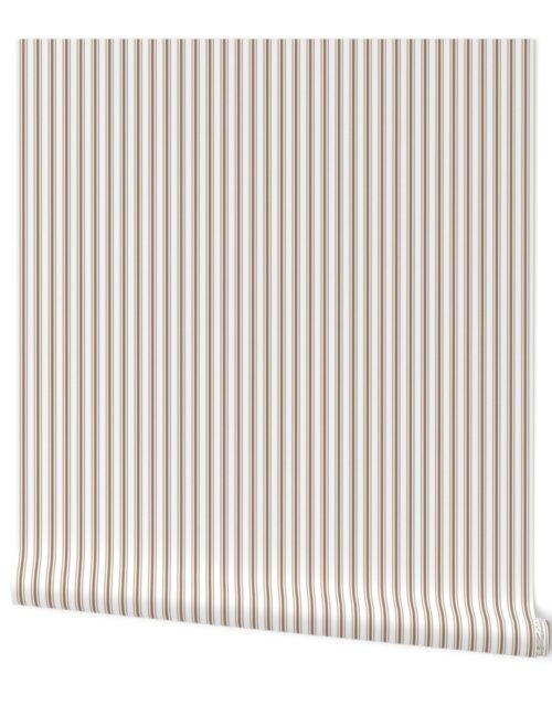 Mattress Ticking Narrow Striped Pattern in Dark Brown and White Wallpaper